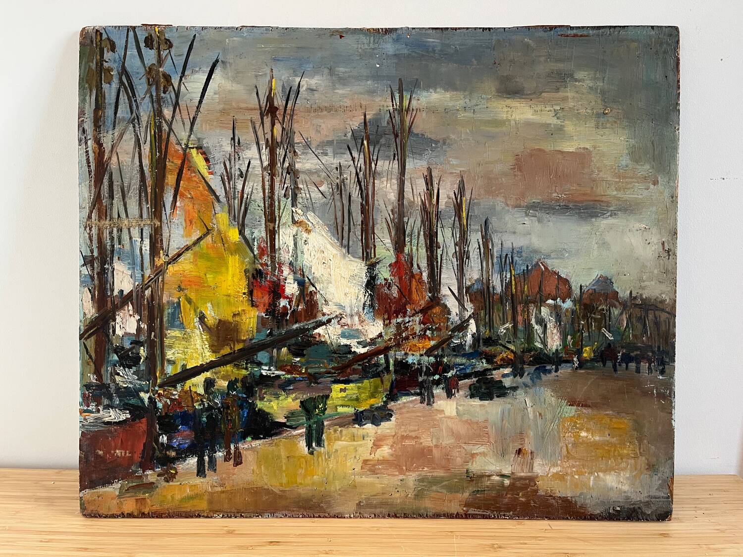 Sailboats in the harbour, oil on wood panel