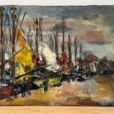 Sailboats in the harbour, oil on wood panel