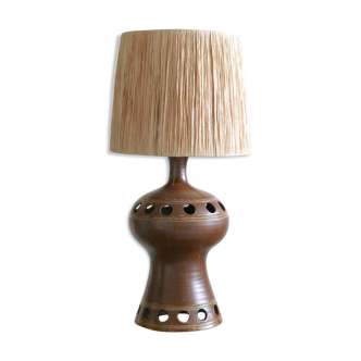 Signed open ceramic lamp, raffia lampshade, 70s