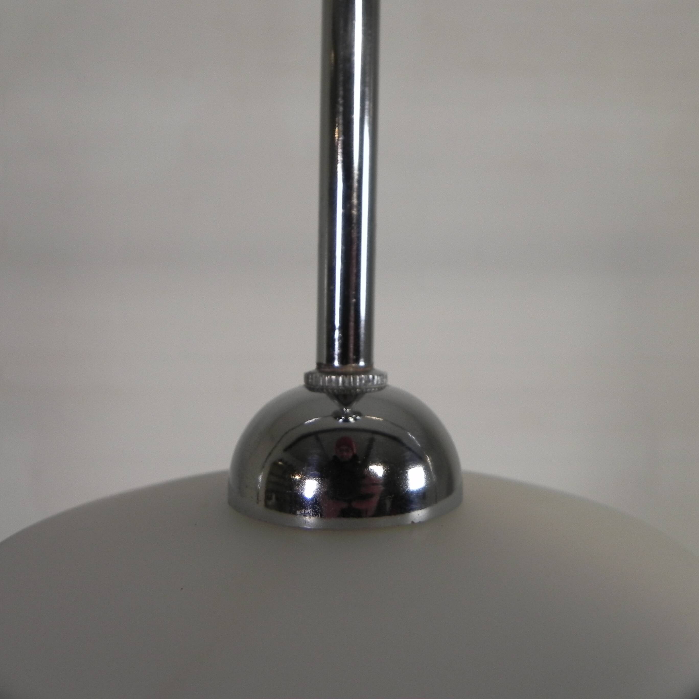 Vintage suspension with opaline lampshade and black decoration, 1950s.