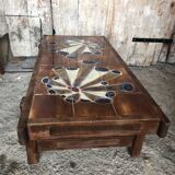 Old 70's Coffee Table Wood + Vintage Painted Ceramic Tiles #A608