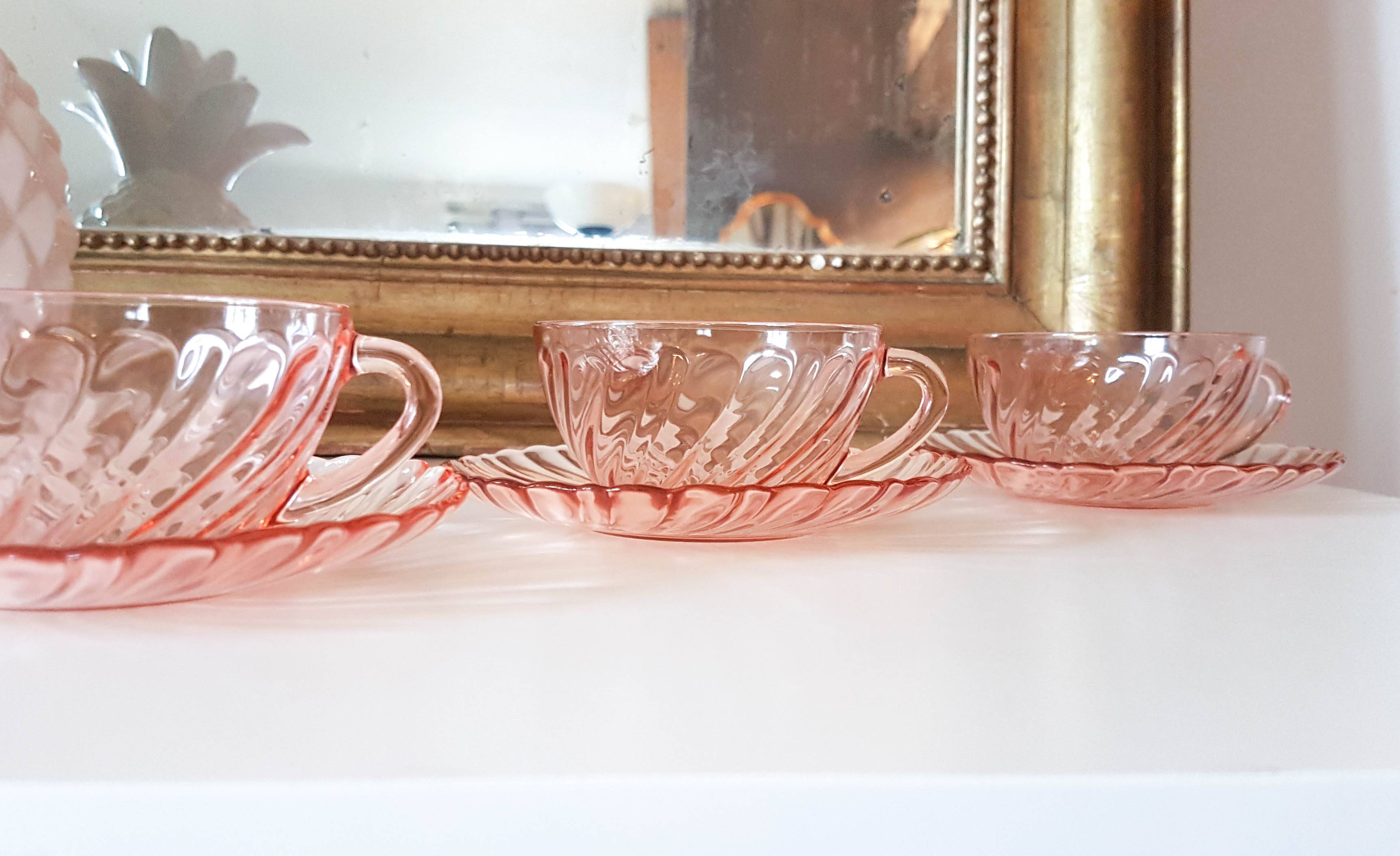 6 Rosaline LUMINARC pink glass tea cups and saucers made in France