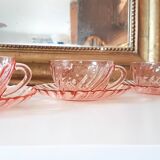 6 Rosaline LUMINARC pink glass tea cups and saucers made in France