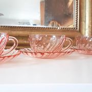 6 Rosaline LUMINARC pink glass tea cups and saucers made in France