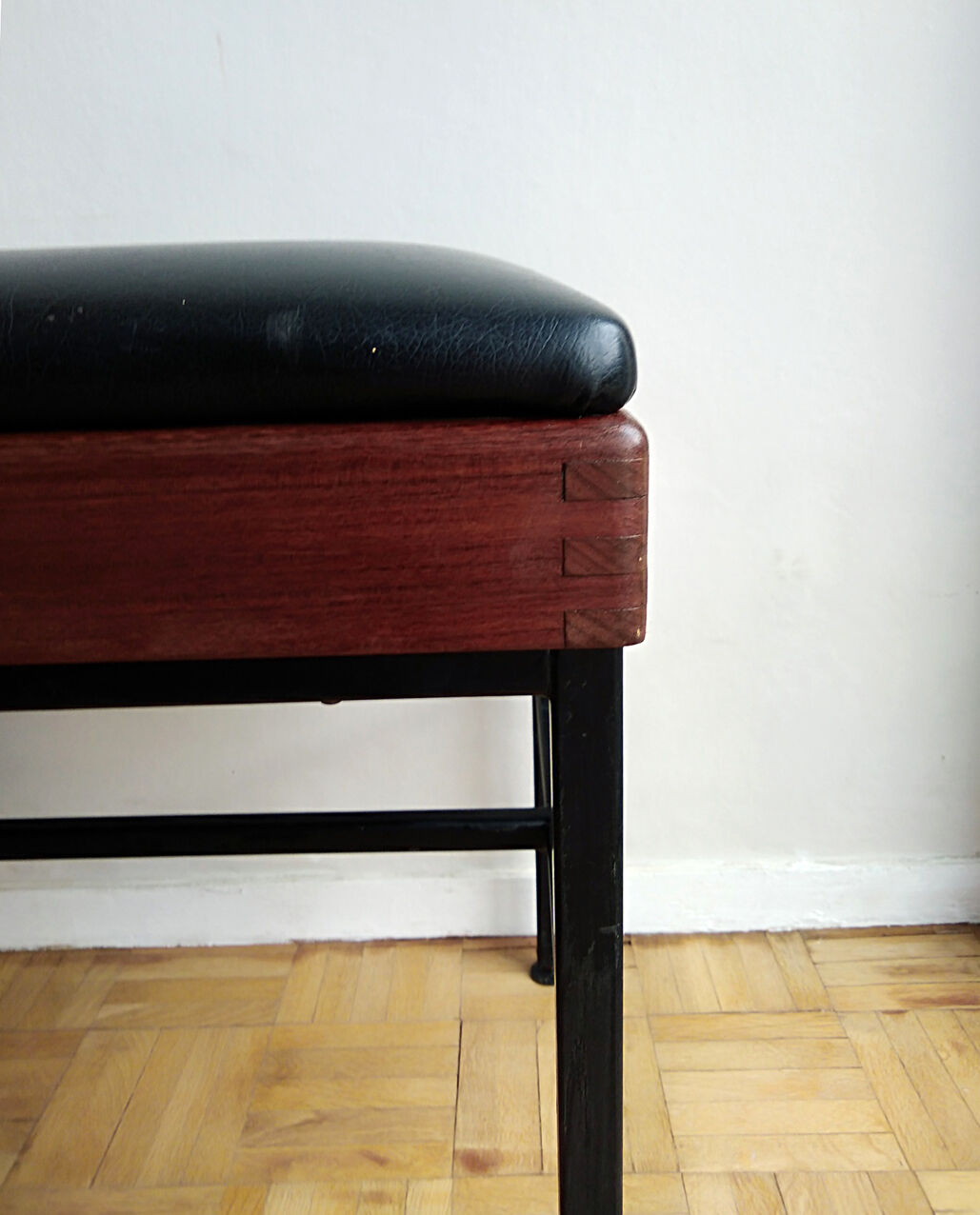 Modernist stool teak metal and black leatherette