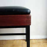 Modernist stool teak metal and black leatherette