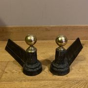 Pair of Napoleon III andirons from the 19th century in cast iron and brass