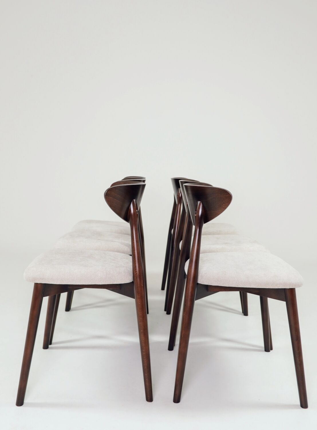 Modern Set of 6 Dining Chairs, Ecru Farbic and Dark walnut beech wood