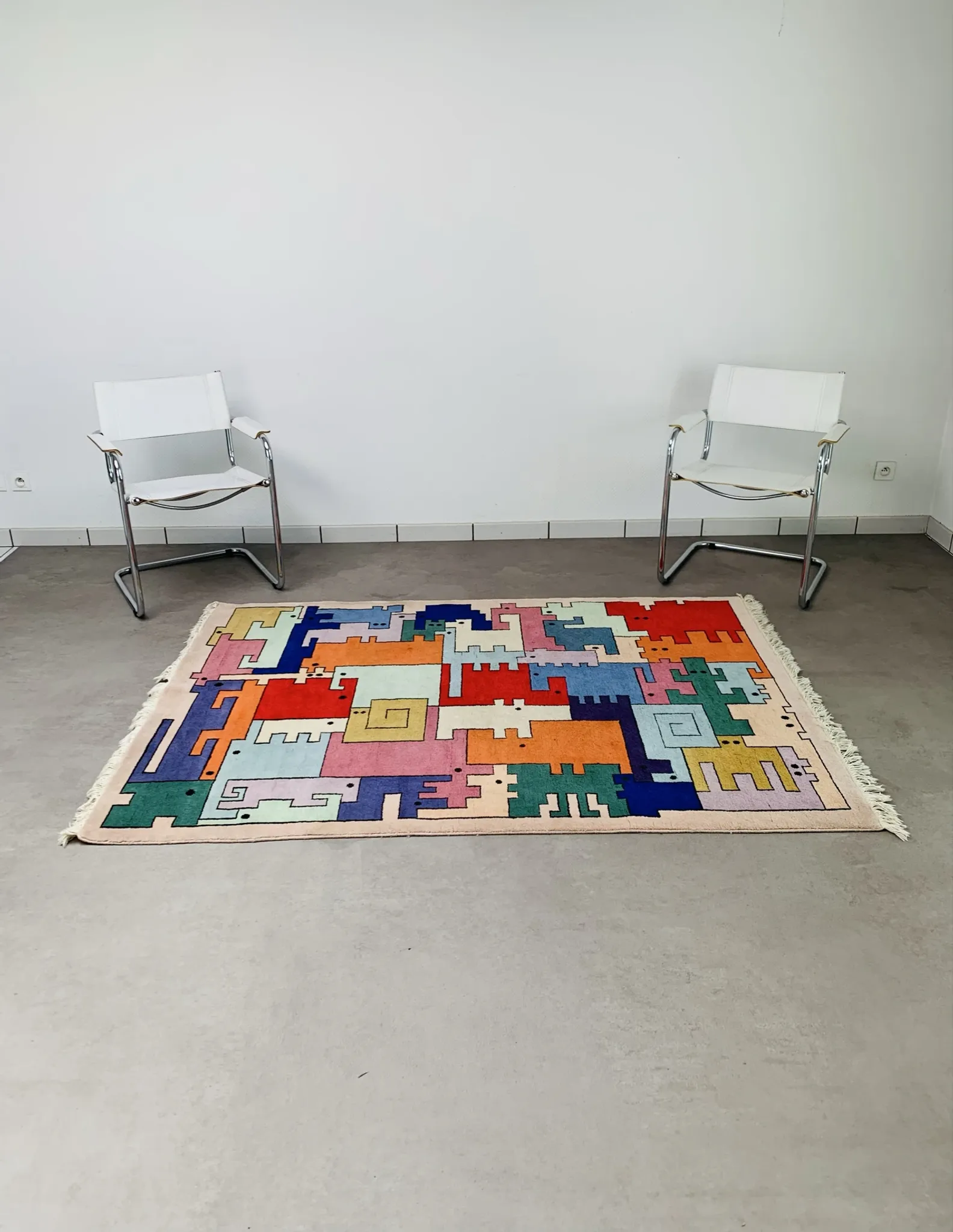 Tapis géométrique animaux/Tetris, vintage 