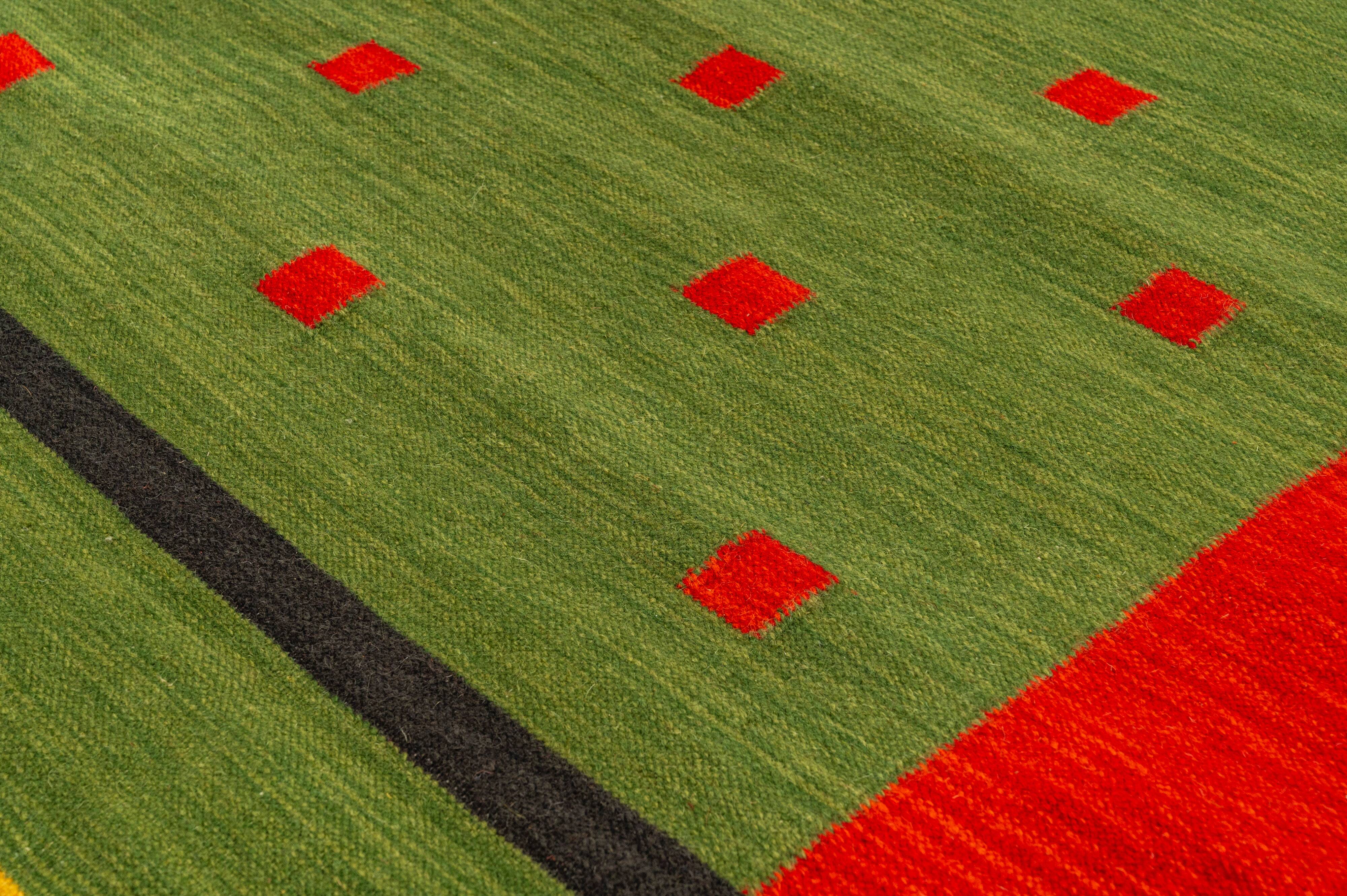 NOS Scandinavian 20th century modern flat weave rug by Karin Bernholm. 227/