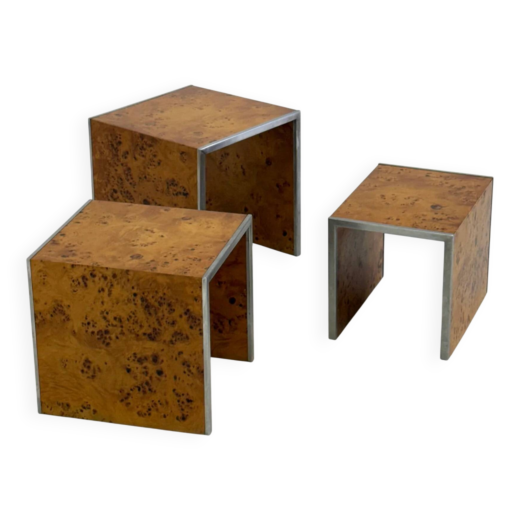 Set of three Tommaso Barbi mid-century modern burl wood nesting tables