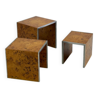 Set of three Tommaso Barbi mid-century modern burl wood nesting tables