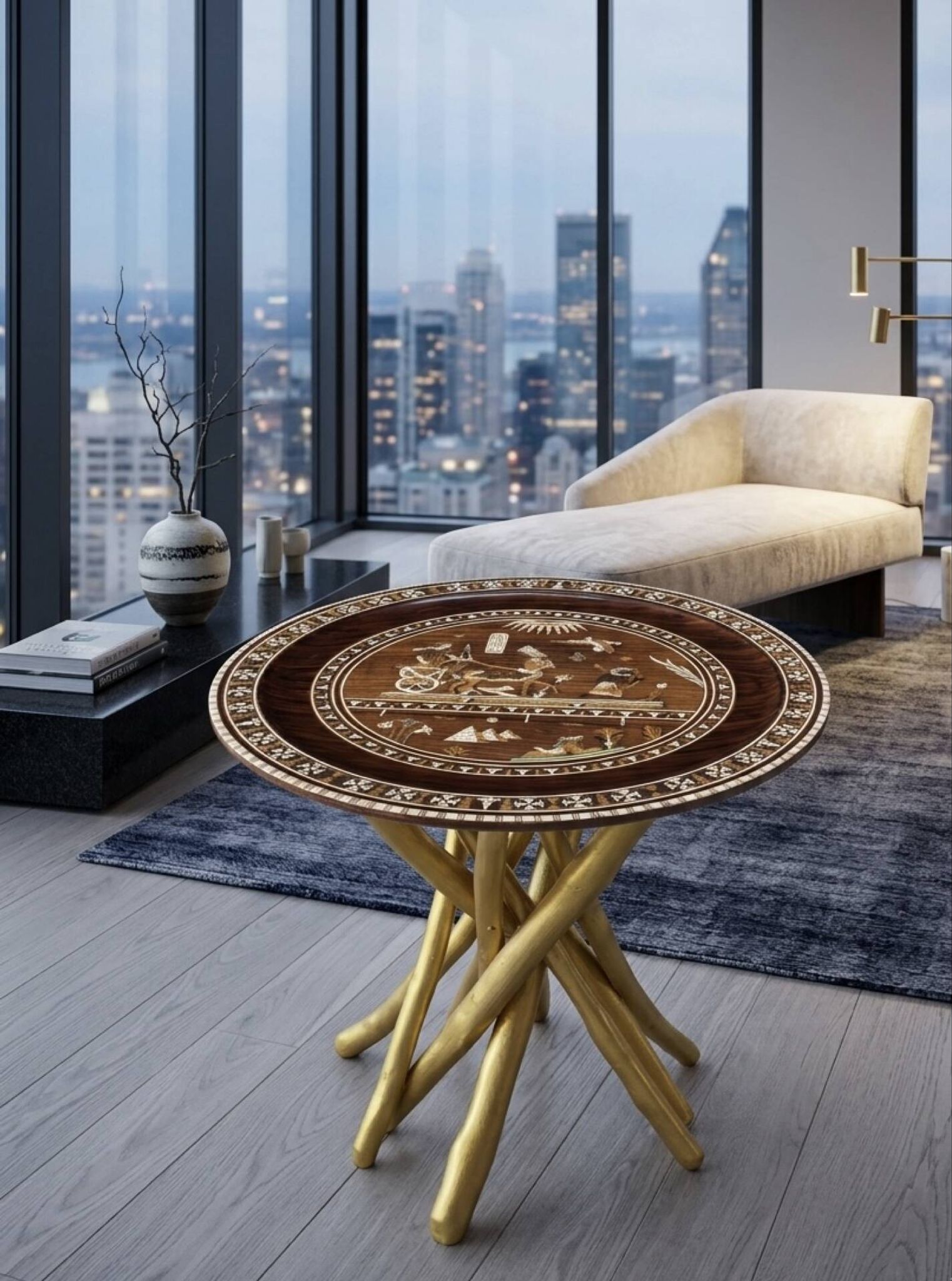 Vintage oriental coffee table in marquetry and mother-of-pearl – Unique piece