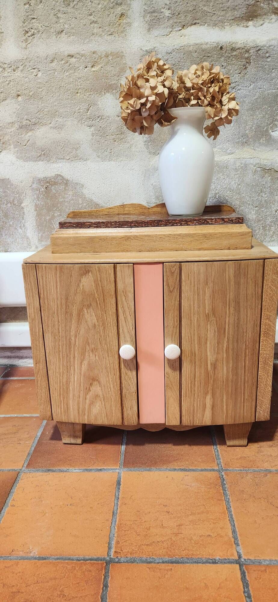 wood and marble bedside table revamped in terracotta