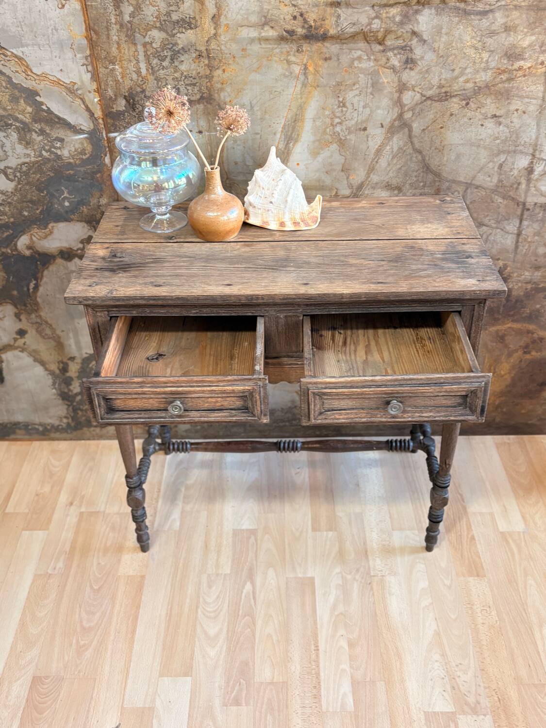 Raw wood console with drawers