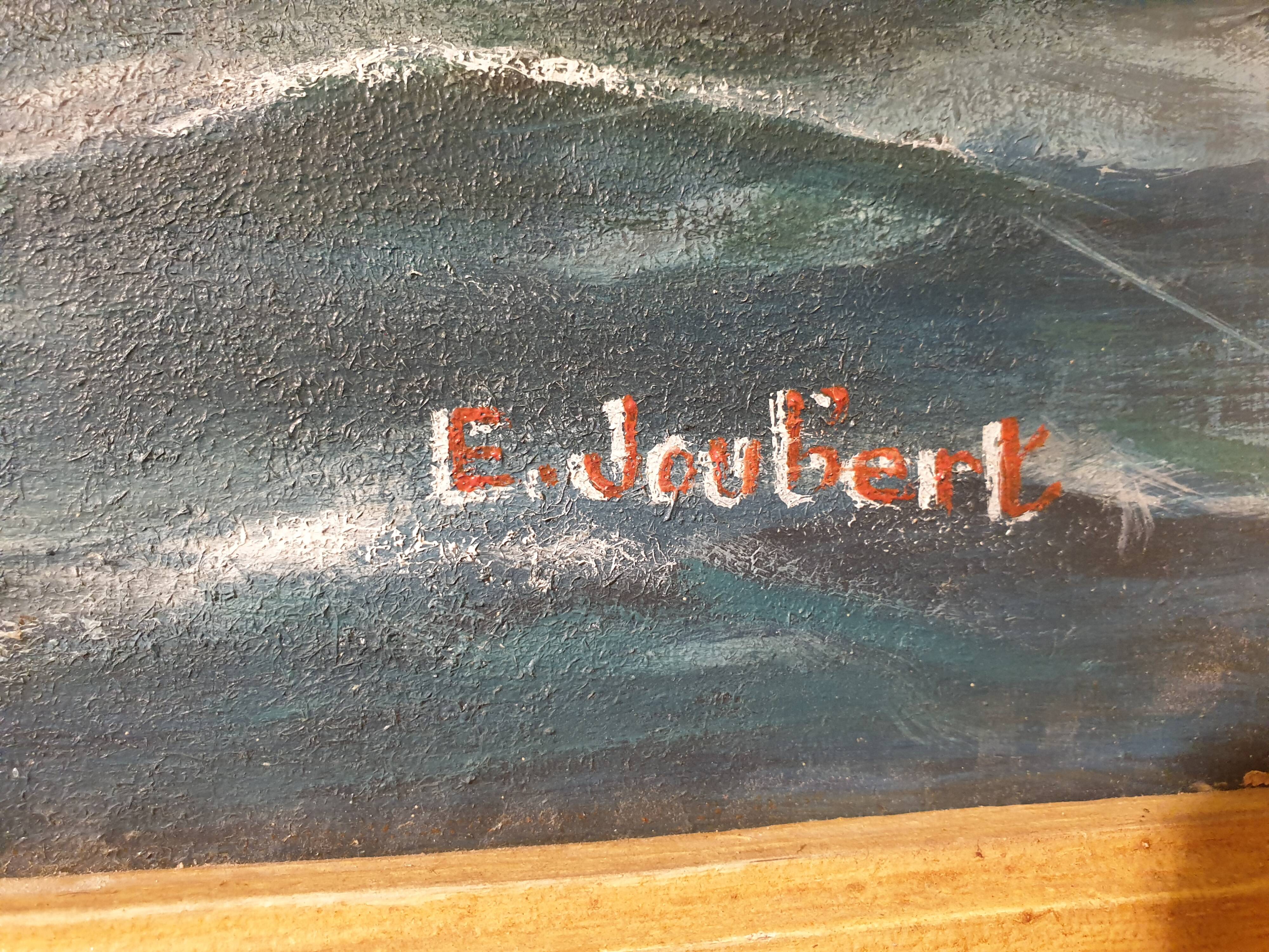 Grand tableau Huile sur isorel Paquebot Mauritania signé E Joubert