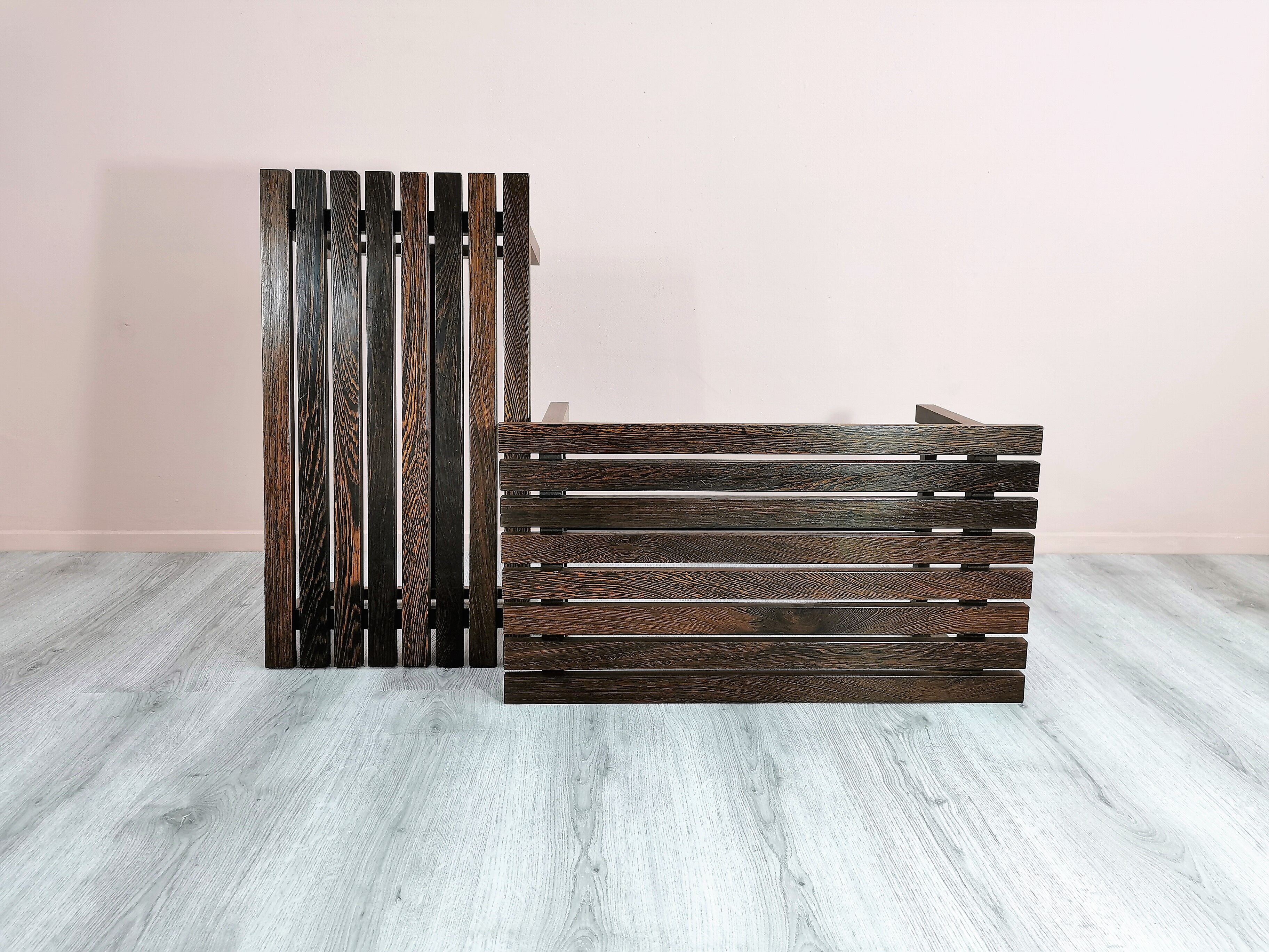Set of 2 wenge wood slat benches 1970's