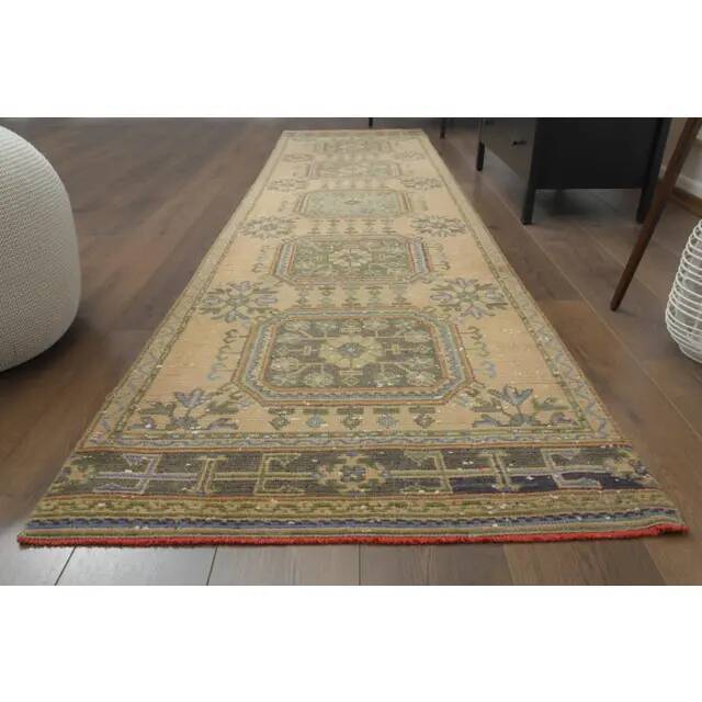 1970s Vintage Turkish Hand-Knotted Wool Cotton Orange Runner Rug 90x344