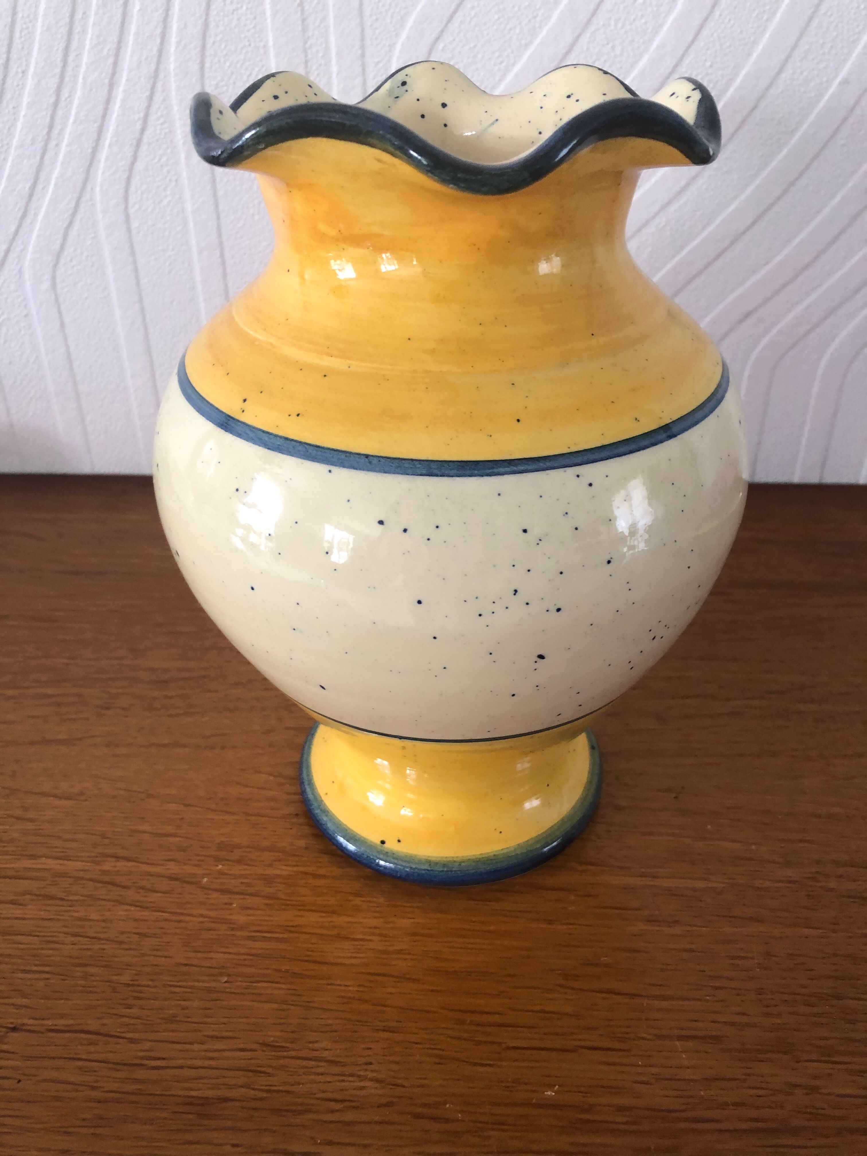 Vase signed Vallauris handmade trendy decoration of Olivier yellow, cream and blue