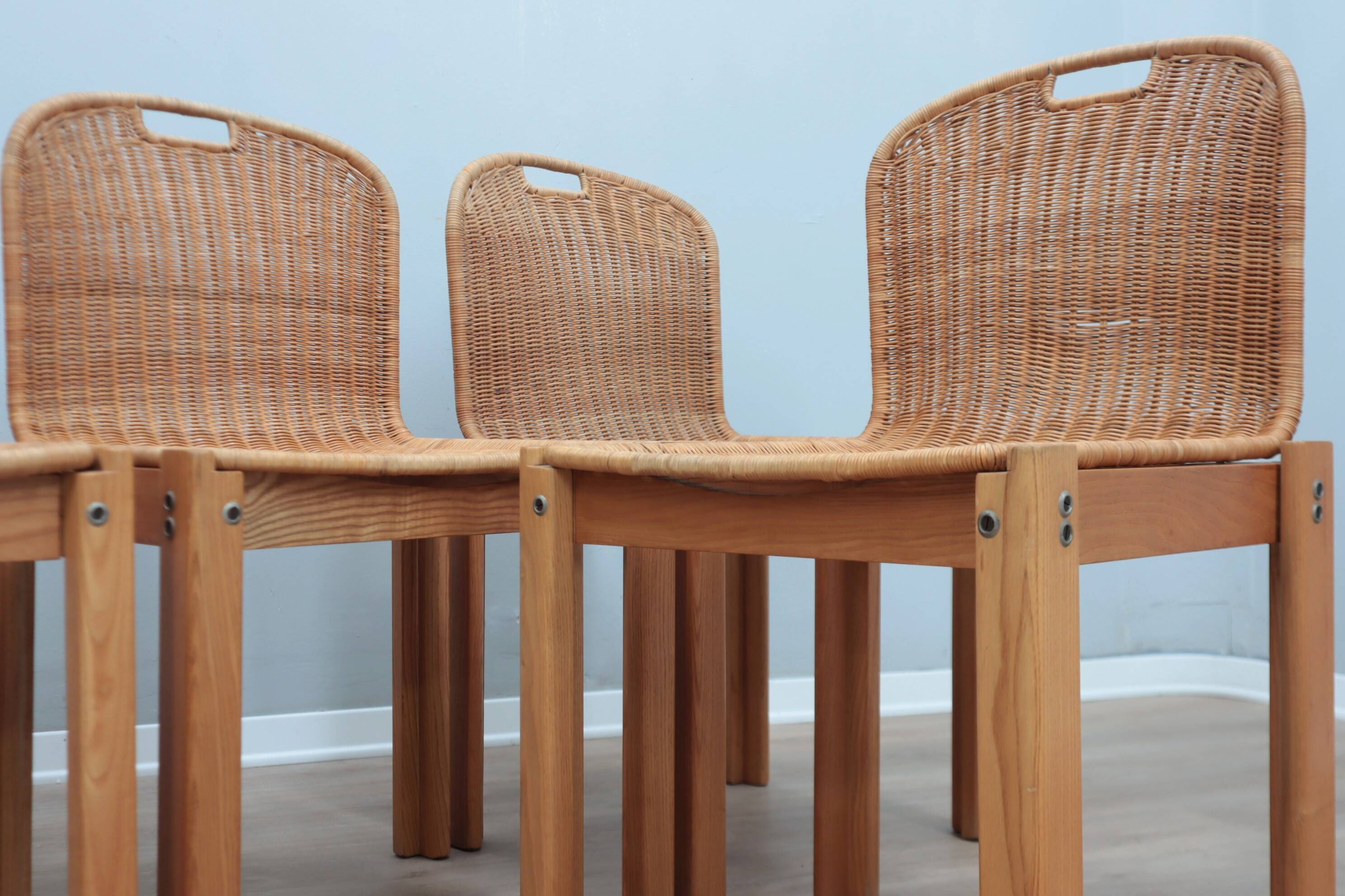 Chaises courbées en osier et bois années 1970, lot de 6