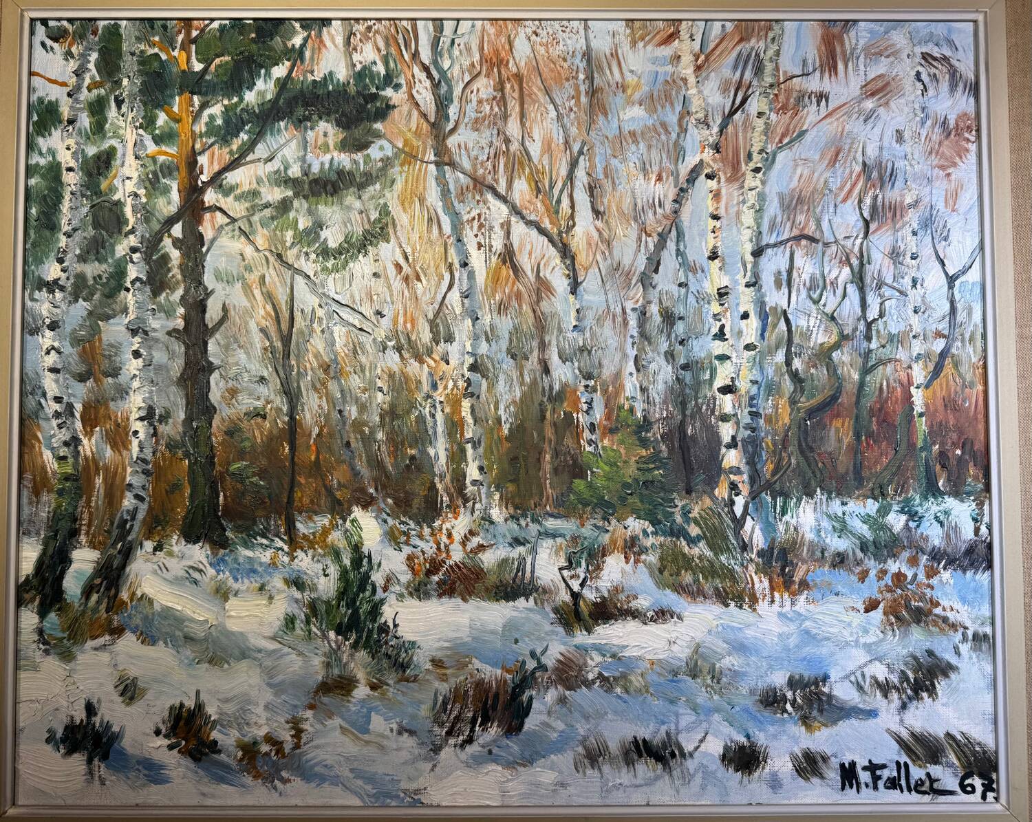 Antique painting, landscape under the snow, signed Fallet 1967