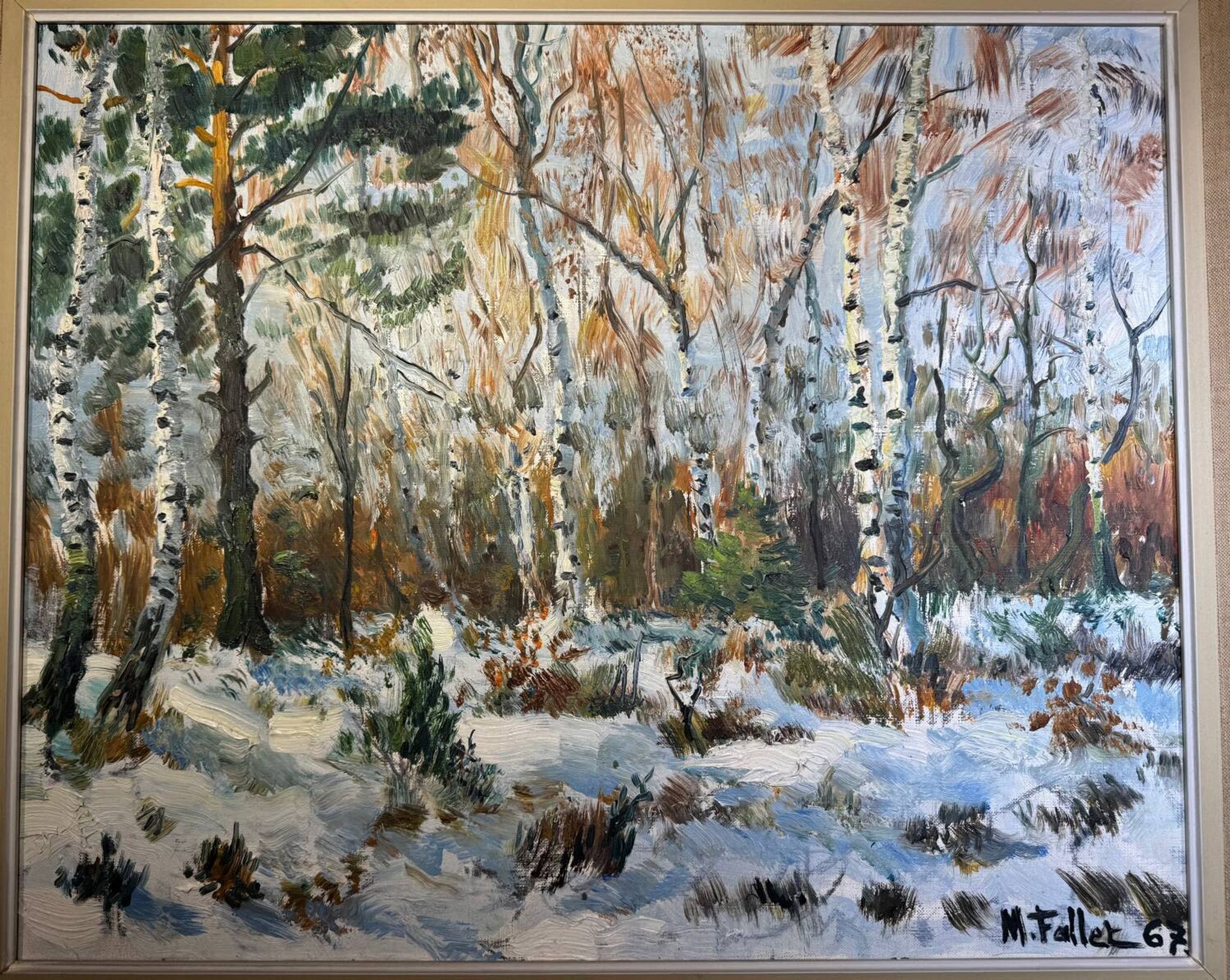 Antique painting, landscape under the snow, signed Fallet 1967