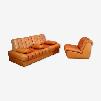 Canapé et fauteuil De Sede DS-85 en cuir cognac, années 1960