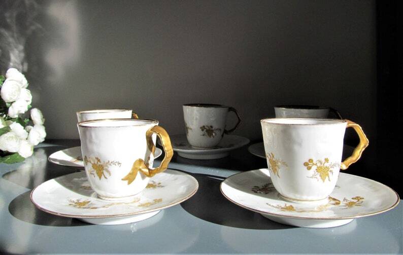 5 X Antique Limoges Porcelain Coffee Cups pairs Gold Ribbon Handle, 1890s