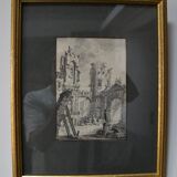 French school of the 18th century, courtyard of a ruined palace, pen drawing