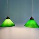 Pair of conical green opaline pendant lights, Art Deco style
