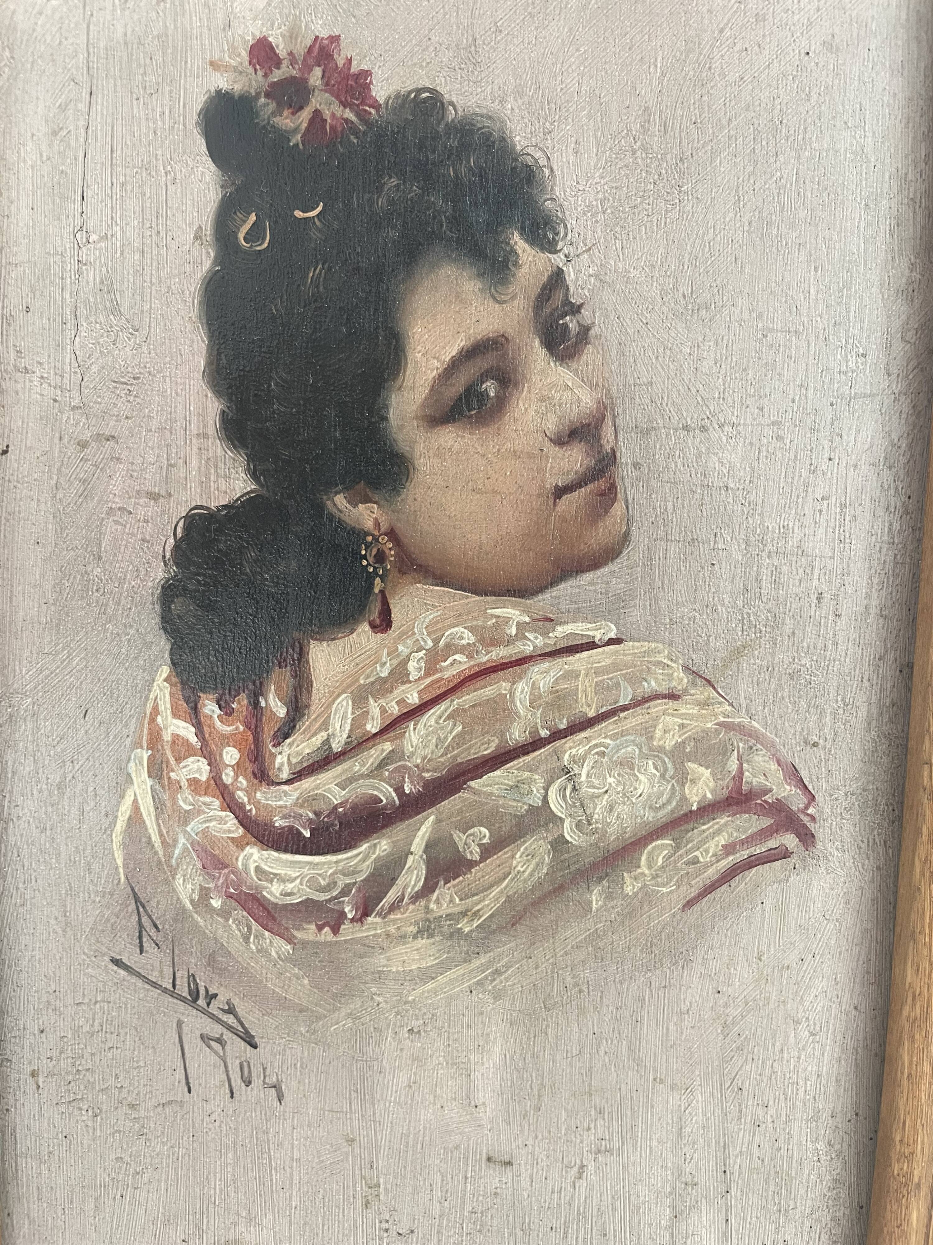 Old portrait signed "Flora" – Oil on wood dated 1904 – Carved frame