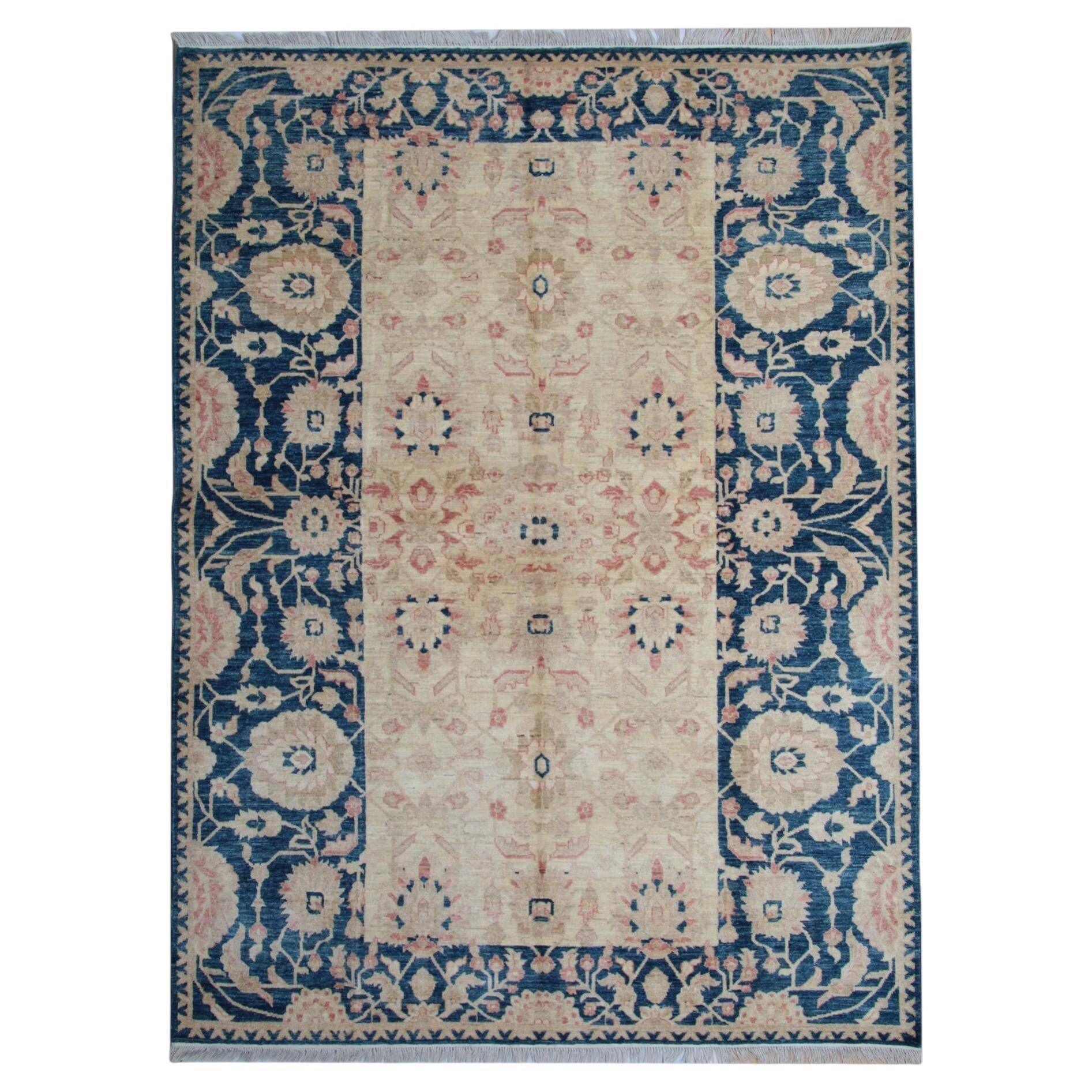 Handknotted Light Blue Rug Cream Wool Floral Zeigler Carpet Home Interior