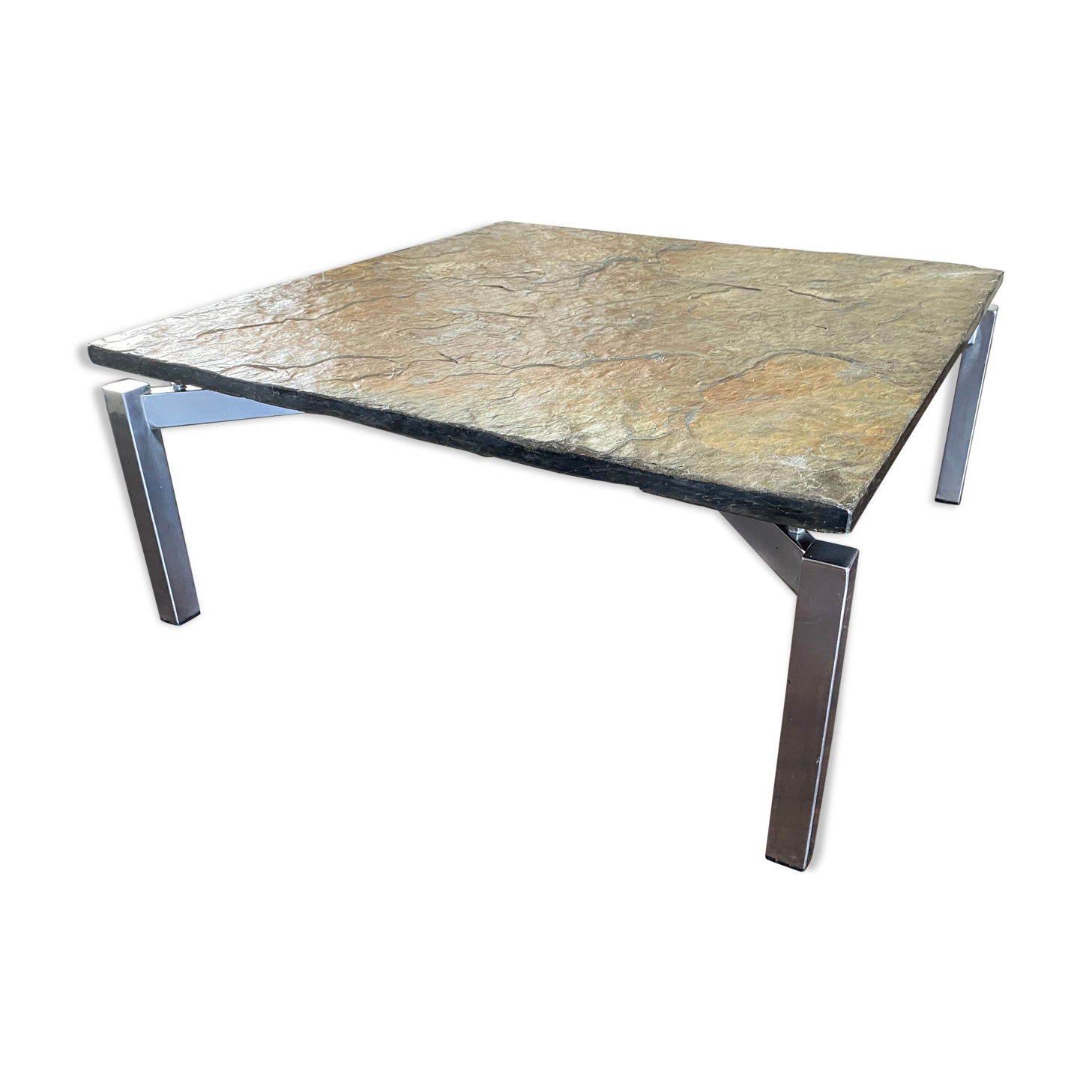 Vintage, Modernist Mid Century steel and slate stone coffee table, 1950s