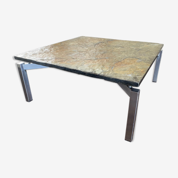 Table basse en acier et pierre d’ardoise vintage, moderniste du milieu du siècle, années 1950