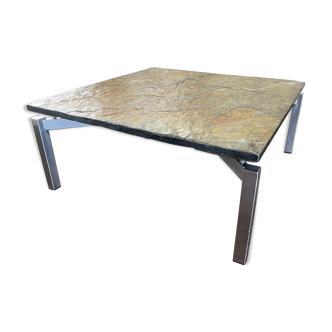 Vintage, Modernist Mid Century steel and slate stone coffee table, 1950s