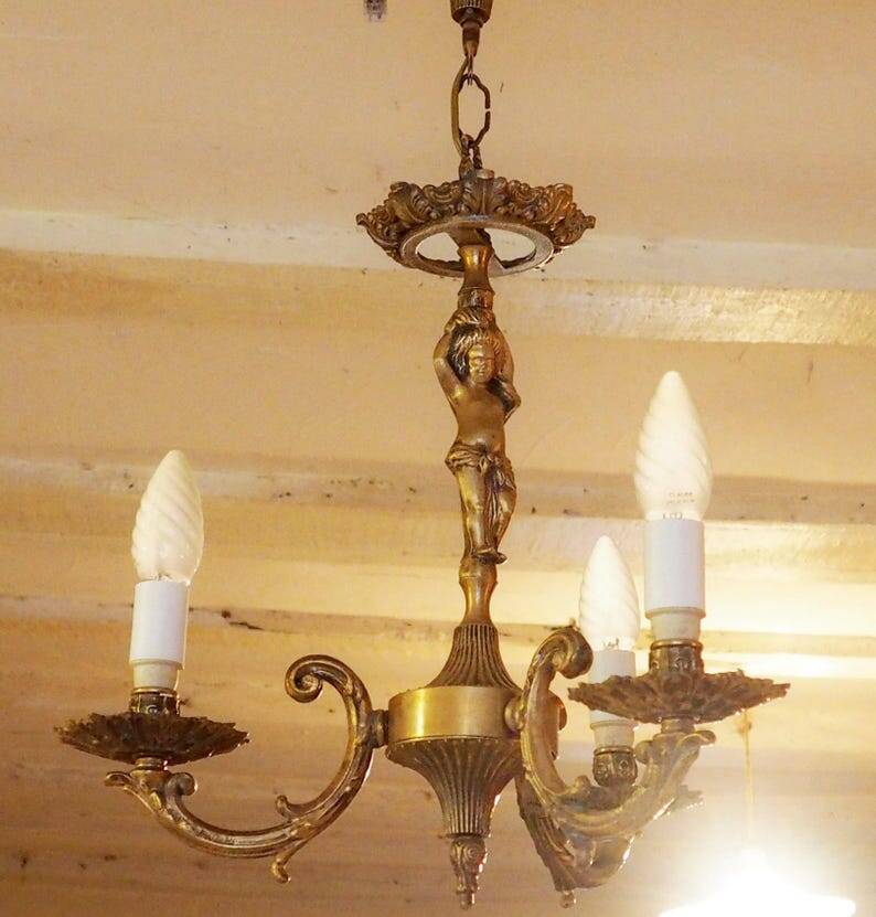 Vintage Italian bronze brass three-branch female figurine chandelier c. 1950s