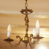 Vintage Italian bronze brass three-branch female figurine chandelier c. 1950s