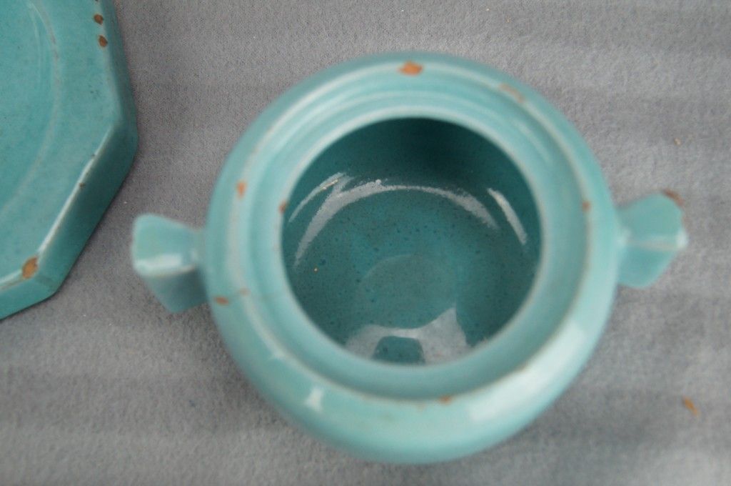 Octagonal blue-green ceramic pot and pouch Lifas / Alice Sordet-Bonifas (1902-1975)