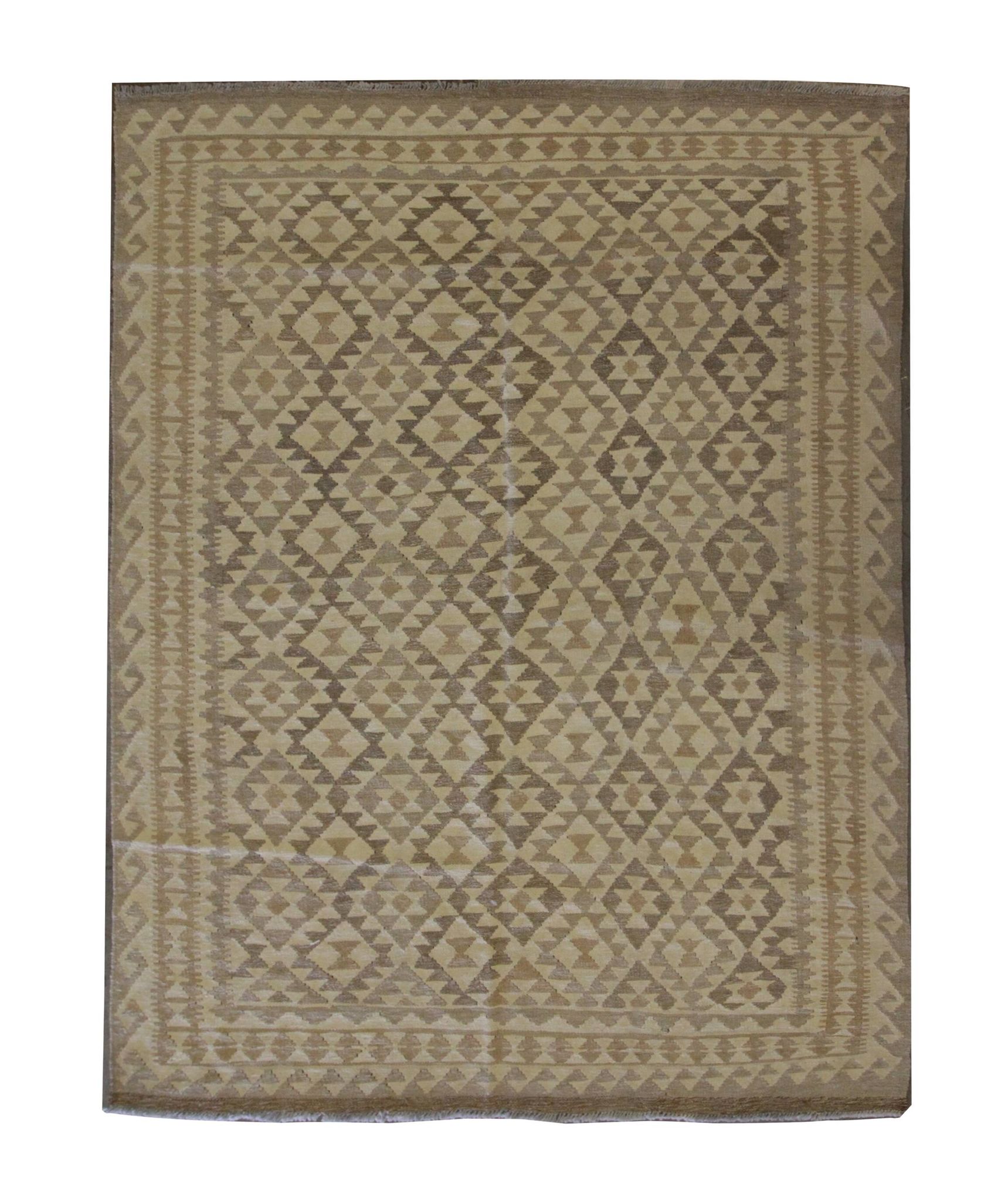 Khaki Brown Kilim Rug, Afghan Wool Flatweave, Handmade Geometric Tribal Rug