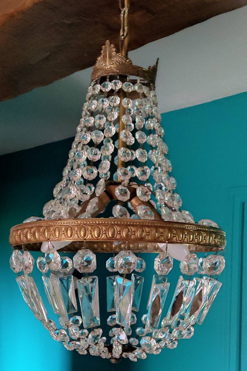 Lustre montgolfière à pampilles ∅ 30 cm laiton