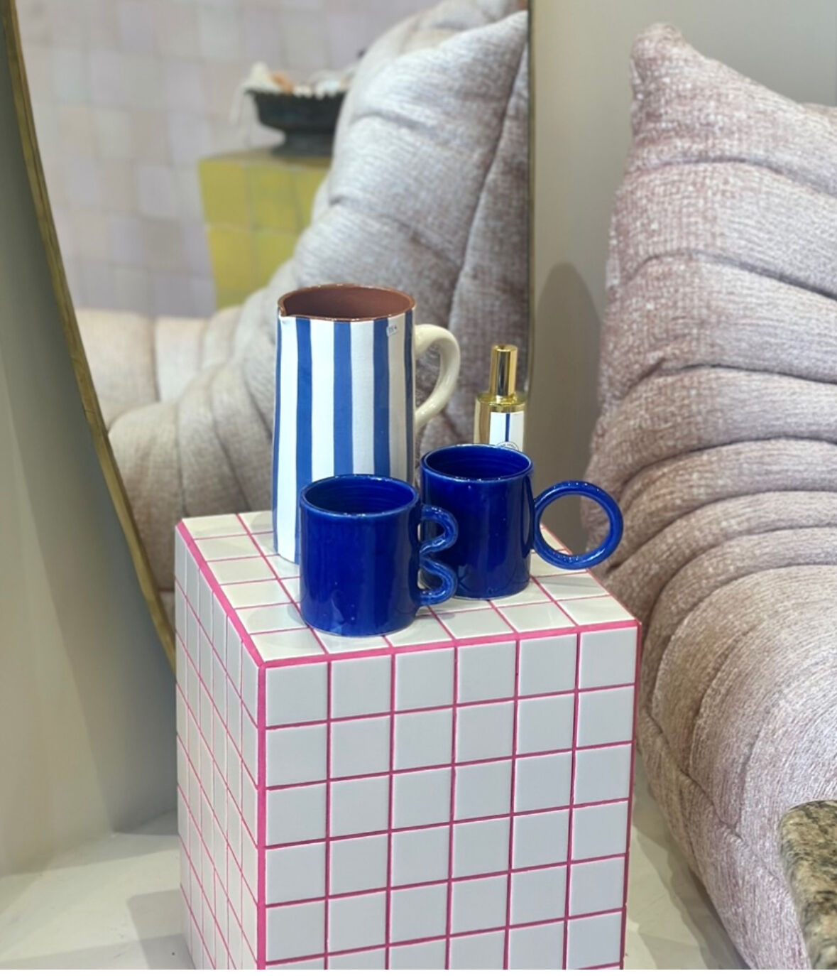 Majorelle blue ceramic mug, handmade, donut handle design.