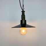 Industrial blue enamel military pendant lamp with cast aluminium top, 1960