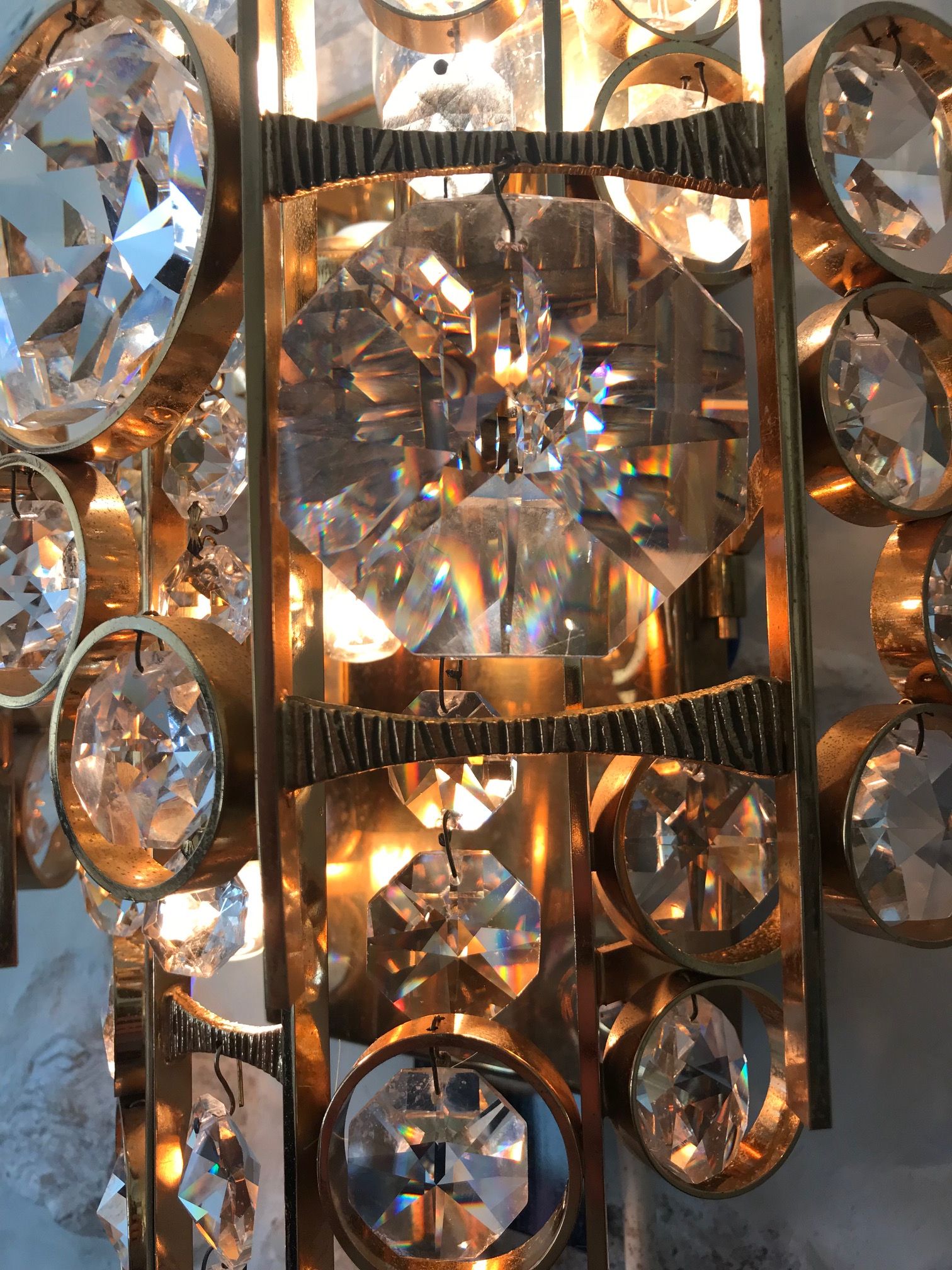Pair of sconces Palwa in gold metal and Crystal 1960