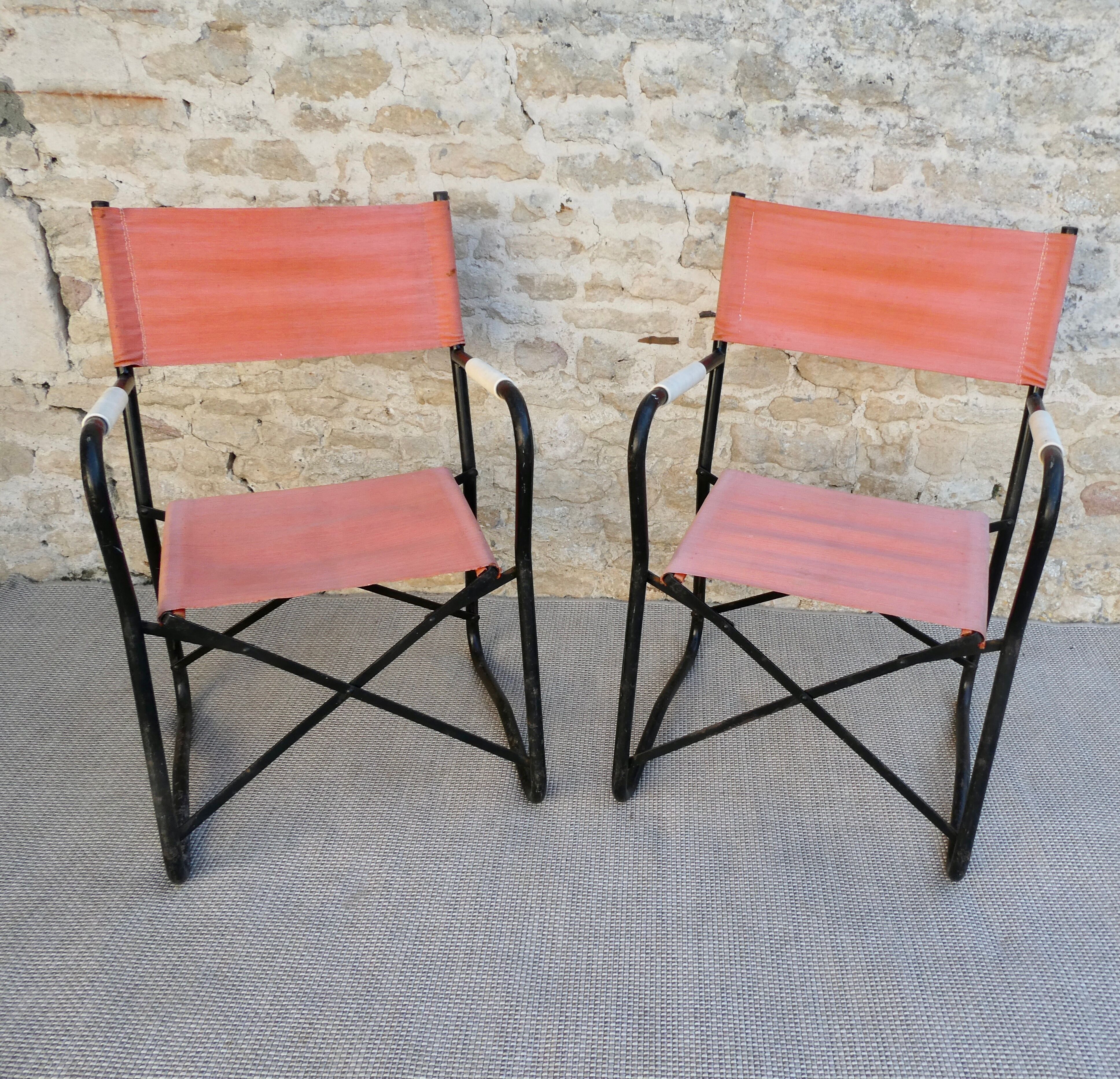 Pair of folding armchairs in metal and fabric 60s