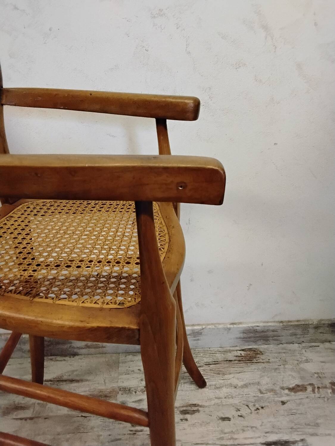 Children's high chair in wood and cane
