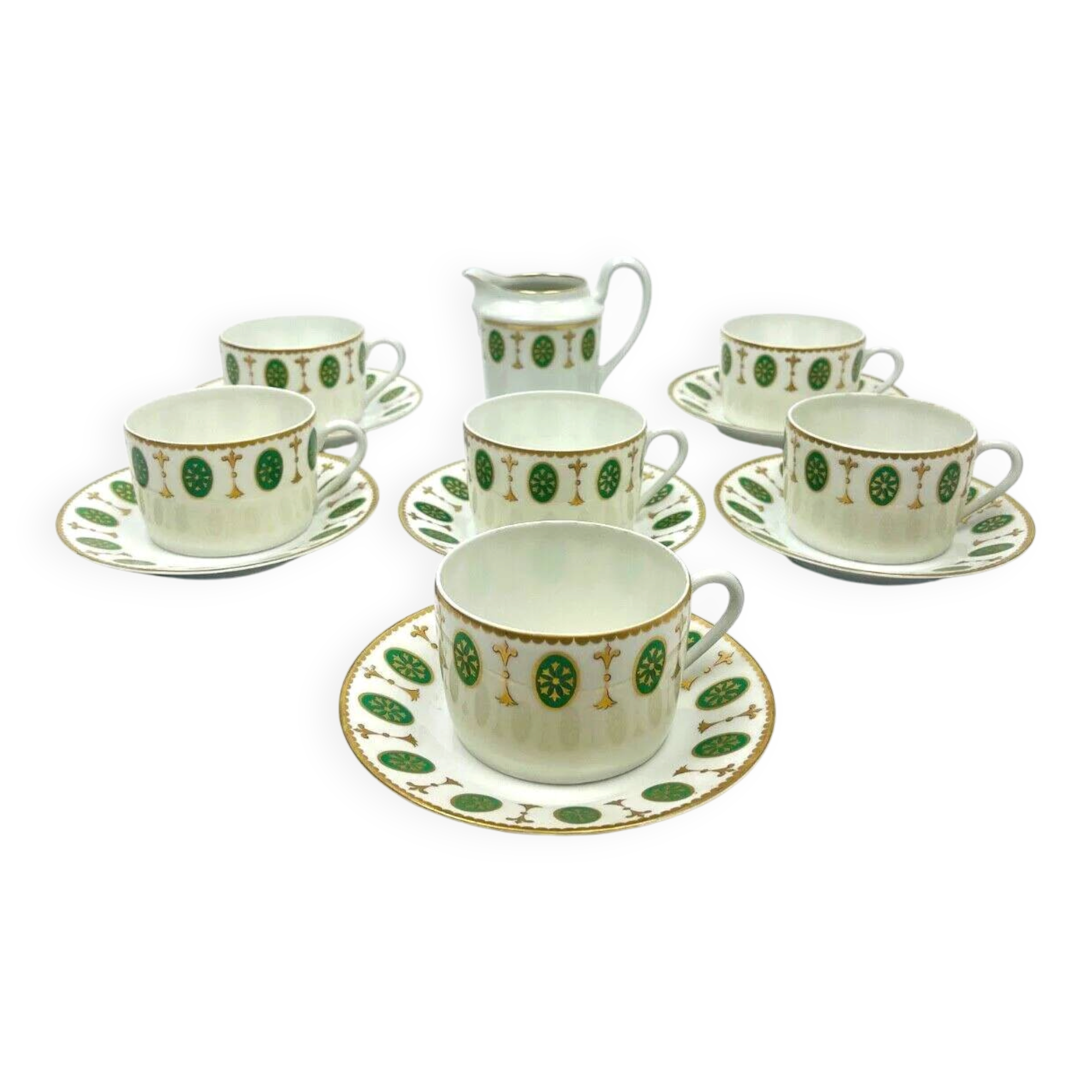 Set of 6 tea cups and 1 cream jug in Paris porcelain, Louis XVI decoration.