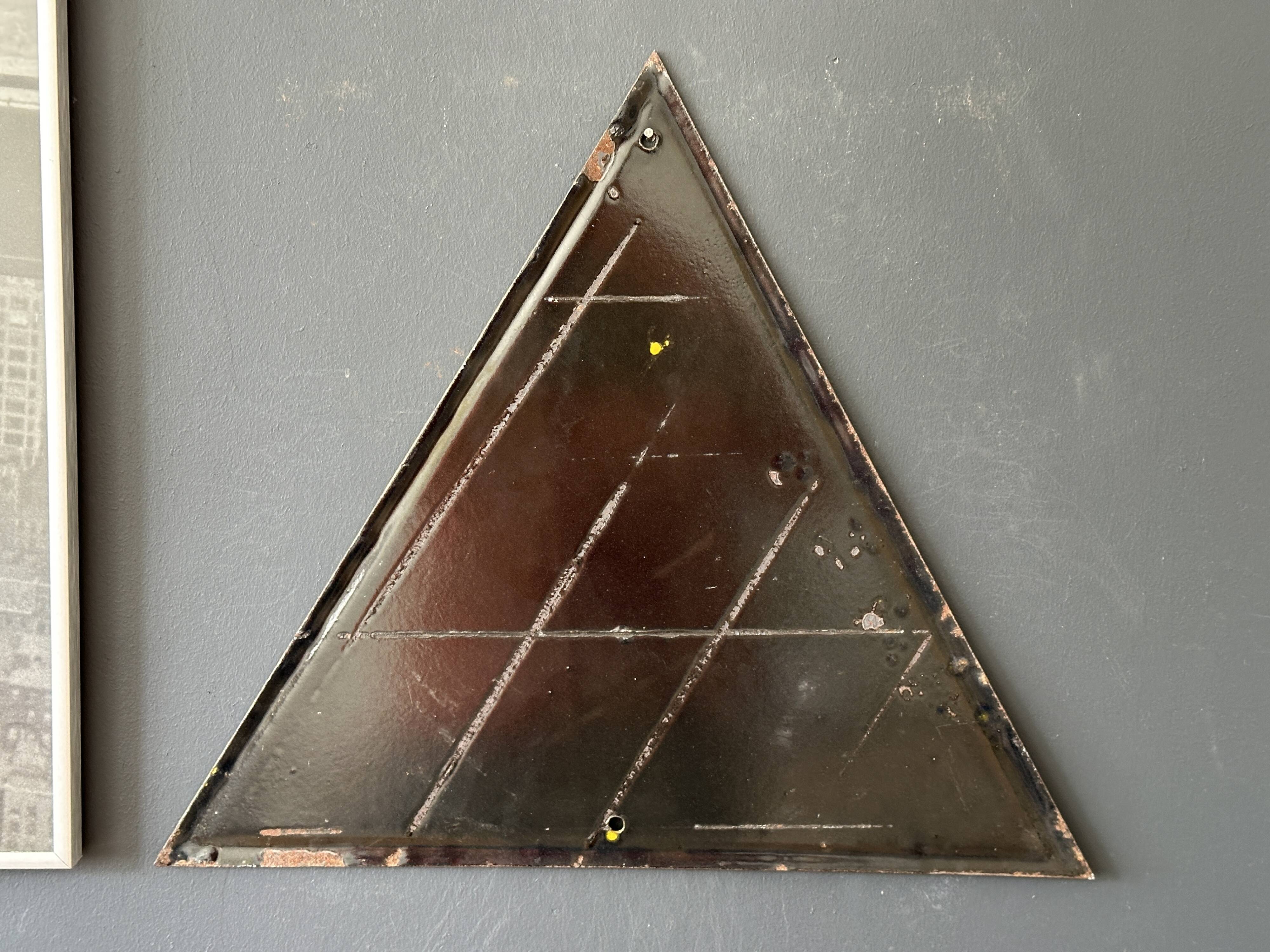 Yellow warning sign vintage european 1970's industrial enamel sign