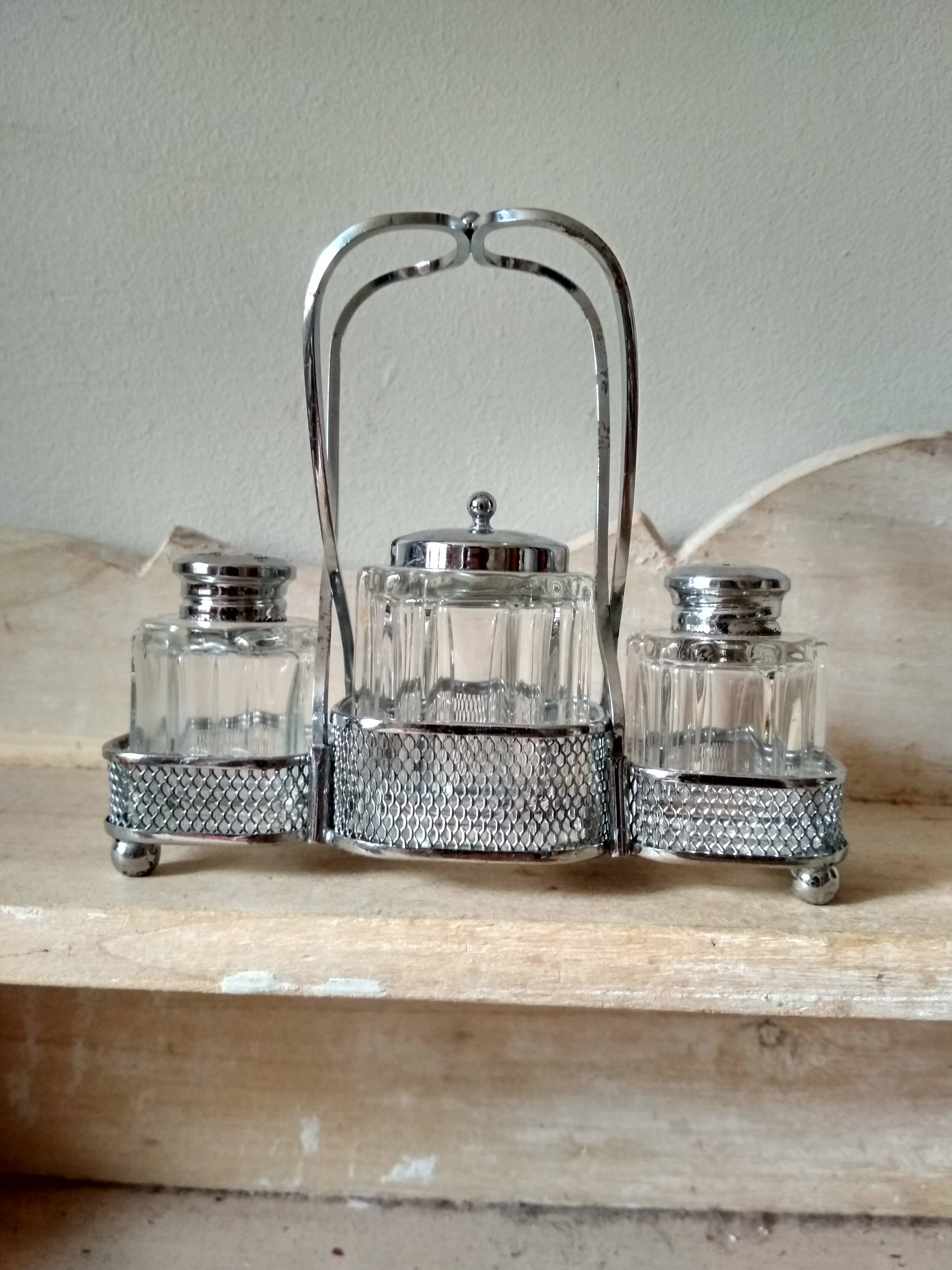 Set of 2 small salt pots and mustard pot in molded glass on their metal servant