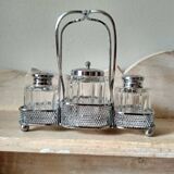 Set of 2 small salt pots and mustard pot in molded glass on their metal servant