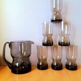 Service en verre fumé, verre et carafe 1970